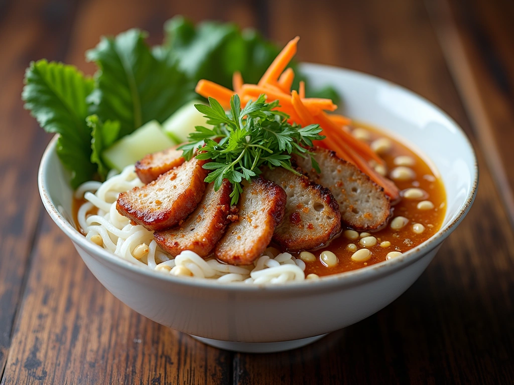 Bowl of bun bo Hue spicy noodle soup