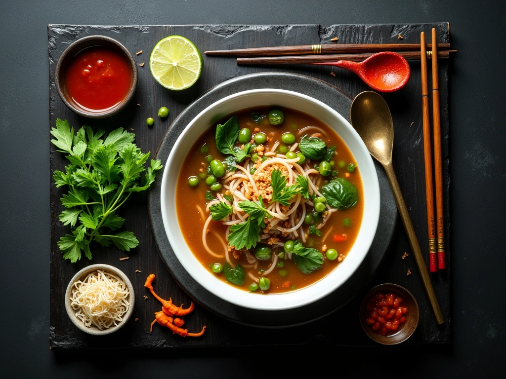 Steaming bowl of beef pho with fresh herbs